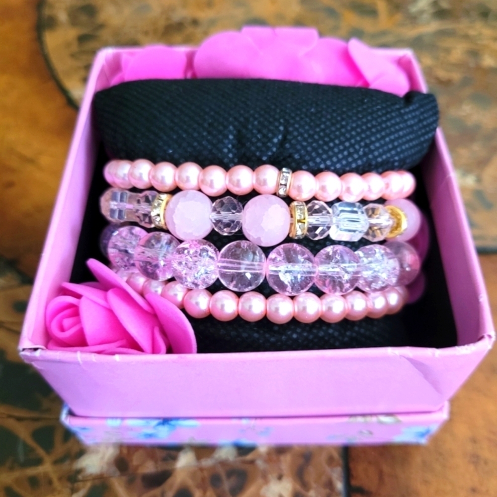 Elegant Pink Beaded Bracelet Set